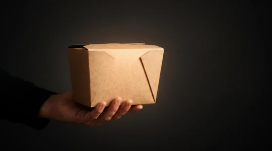 Main tenant délicatement une boîte de restauration à emporter en carton kraft, mise en scène comme un objet de valeur publicitaire