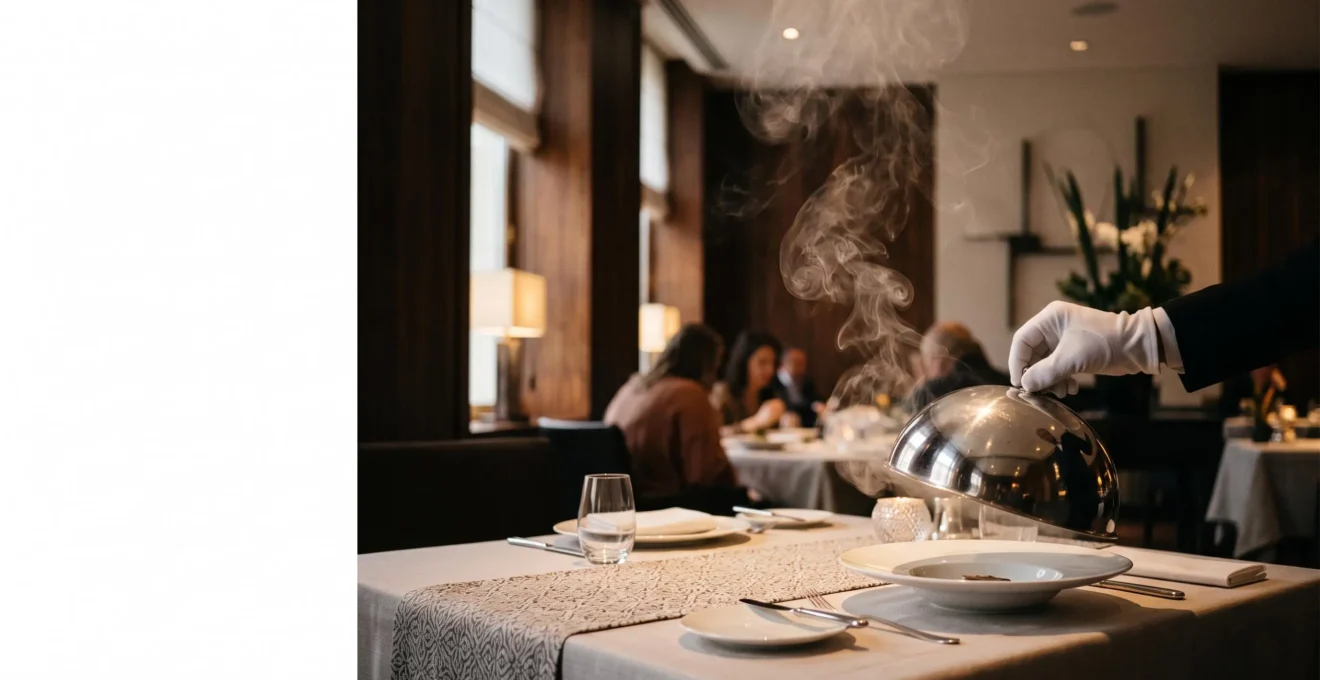 Scène de restaurant gastronomique où un serveur orchestre un moment théâtral raffiné autour d'une table dressée avec élégance