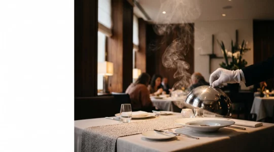 Scène de restaurant gastronomique où un serveur orchestre un moment théâtral raffiné autour d'une table dressée avec élégance