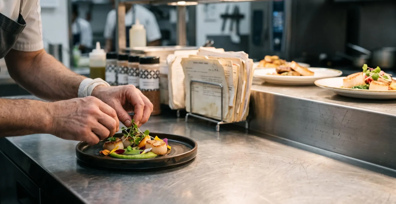 Un chef compose un nouveau plat sur un plan de travail entouré de recettes traditionnelles, symbolisant l'équilibre entre innovation et identité culinaire