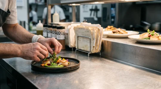 Un chef compose un nouveau plat sur un plan de travail entouré de recettes traditionnelles, symbolisant l'équilibre entre innovation et identité culinaire