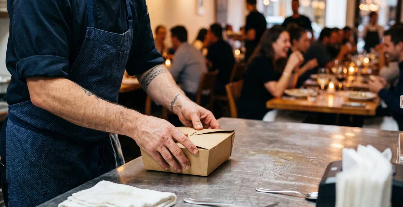 Un chef prépare avec soin une boîte à emporter au comptoir tandis que la salle du restaurant, en arrière-plan, reste animée et chaleureuse.