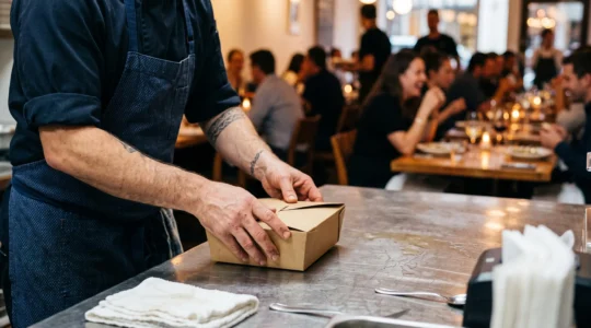 Un chef prépare avec soin une boîte à emporter au comptoir tandis que la salle du restaurant, en arrière-plan, reste animée et chaleureuse.