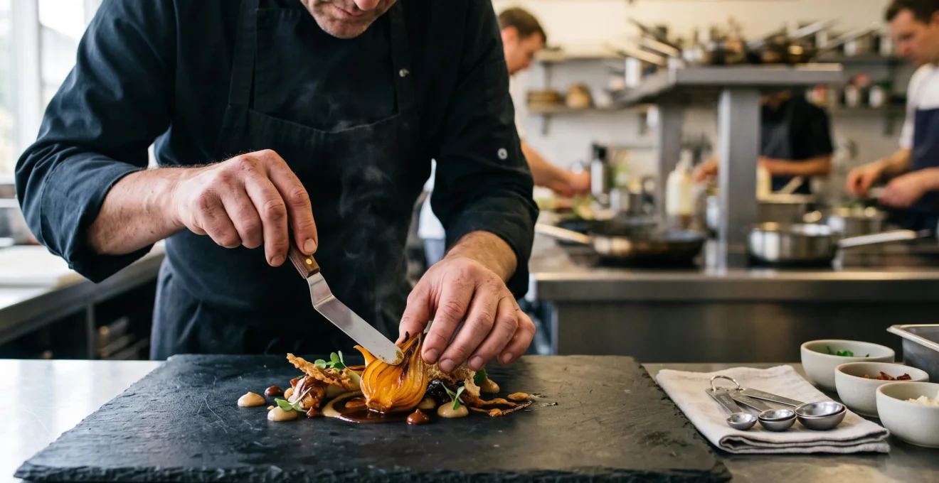 Mains d'un chef dressant une assiette avec precision, symbolisant la regularite garantie par une fiche technique