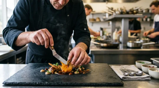 Mains d'un chef dressant une assiette avec precision, symbolisant la regularite garantie par une fiche technique