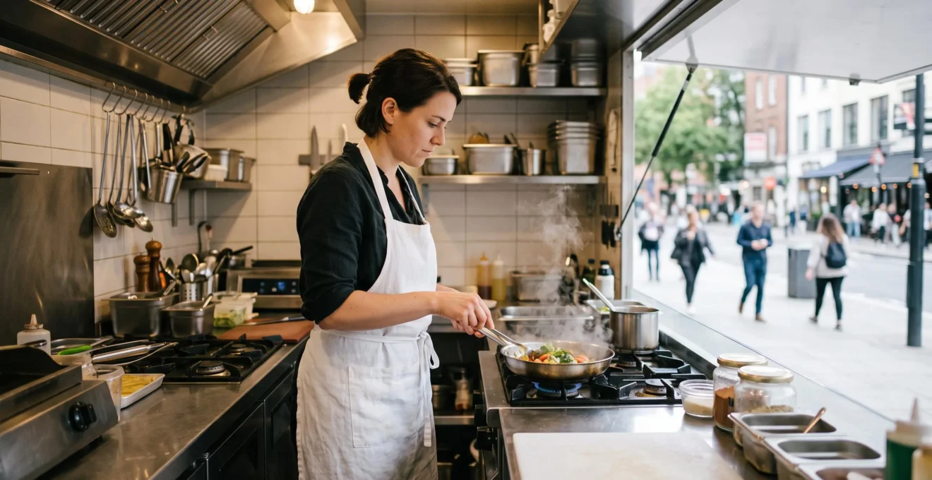 Cuisinier professionnel travaillant avec rigueur dans l'espace restreint et impeccable d'un food truck