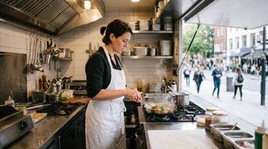 Cuisinier professionnel travaillant avec rigueur dans l'espace restreint et impeccable d'un food truck
