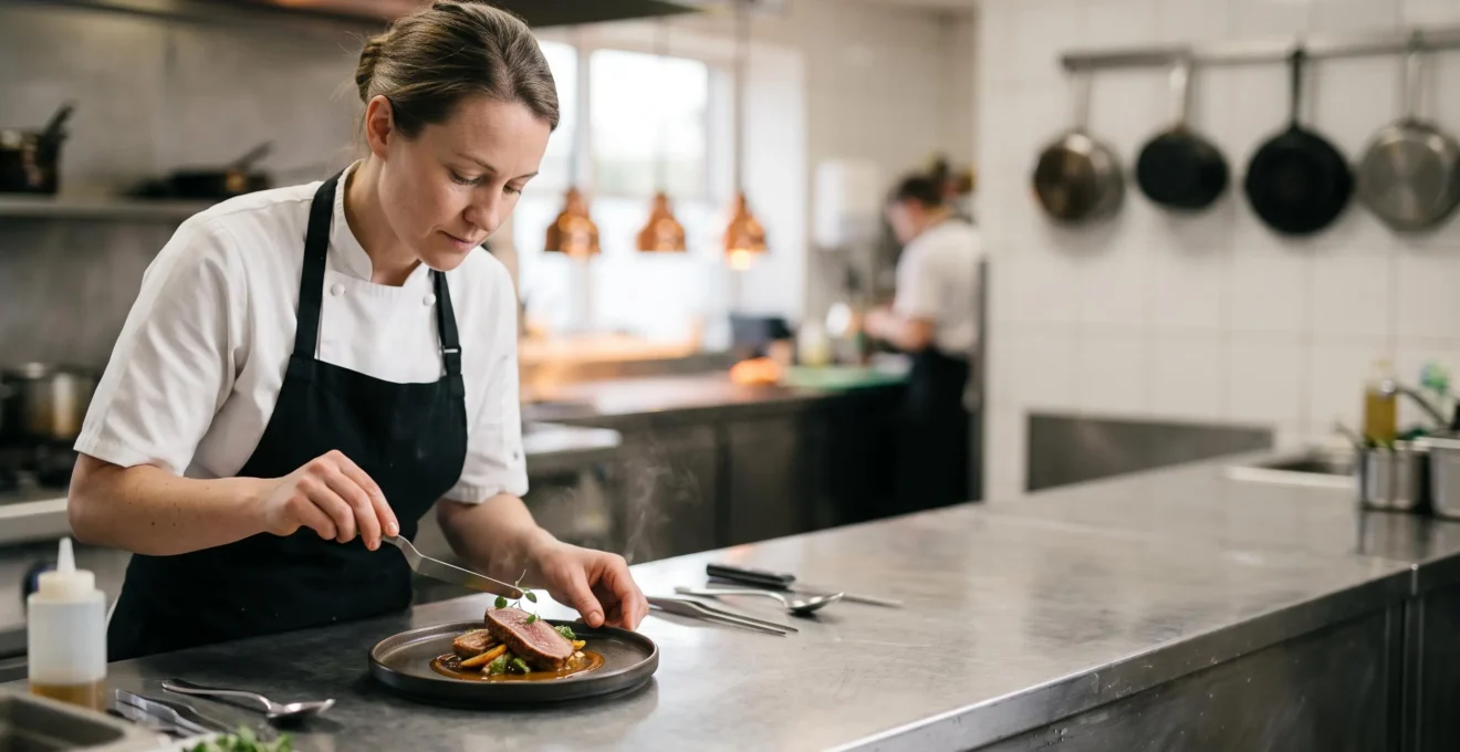 Chef cuisinier concentré dressant une assiette gastronomique dans une cuisine professionnelle épurée, symbole de la construction de la légitimité culinaire