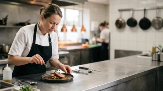 Chef cuisinier concentré dressant une assiette gastronomique dans une cuisine professionnelle épurée, symbole de la construction de la légitimité culinaire