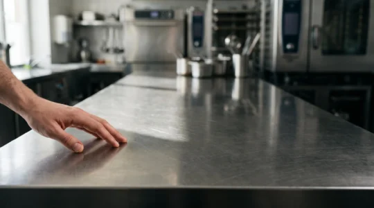 Équipement de cuisine professionnelle en inox impeccable illustrant la facilité de nettoyage