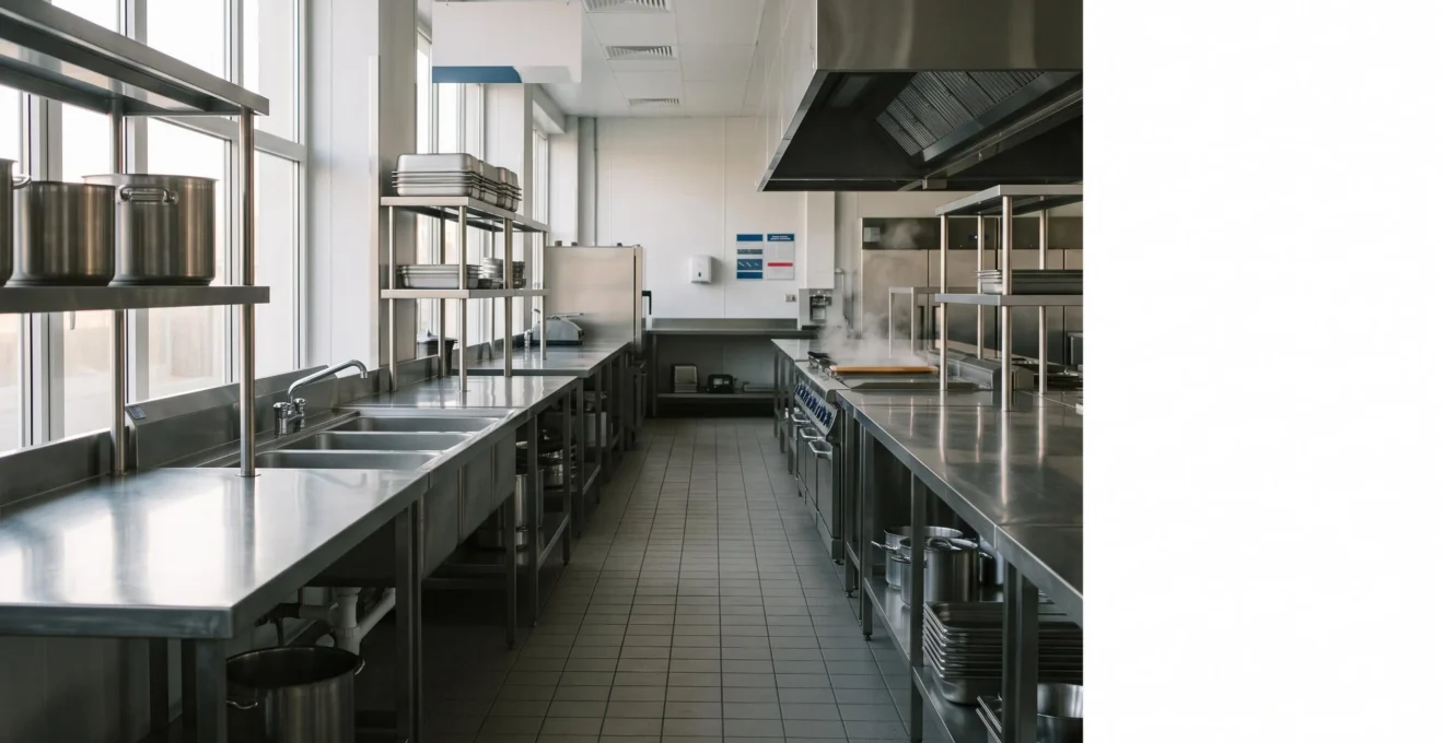 Plan de travail et equipements en acier inoxydable dans une cuisine professionnelle, symbole de durabilite sur deux decennies
