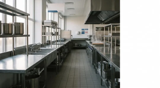 Plan de travail et equipements en acier inoxydable dans une cuisine professionnelle, symbole de durabilite sur deux decennies