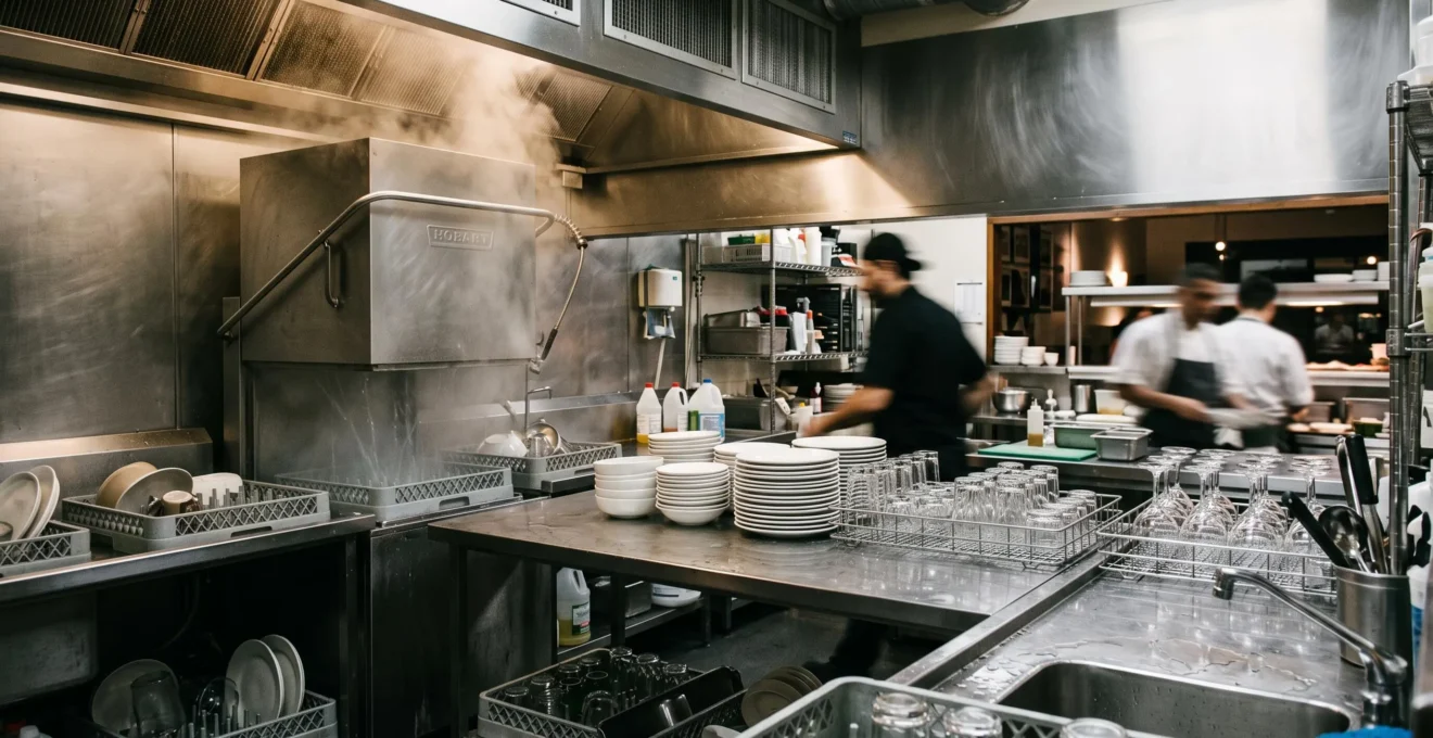 Poste de plonge professionnel organise dans une cuisine de restaurant pendant le service
