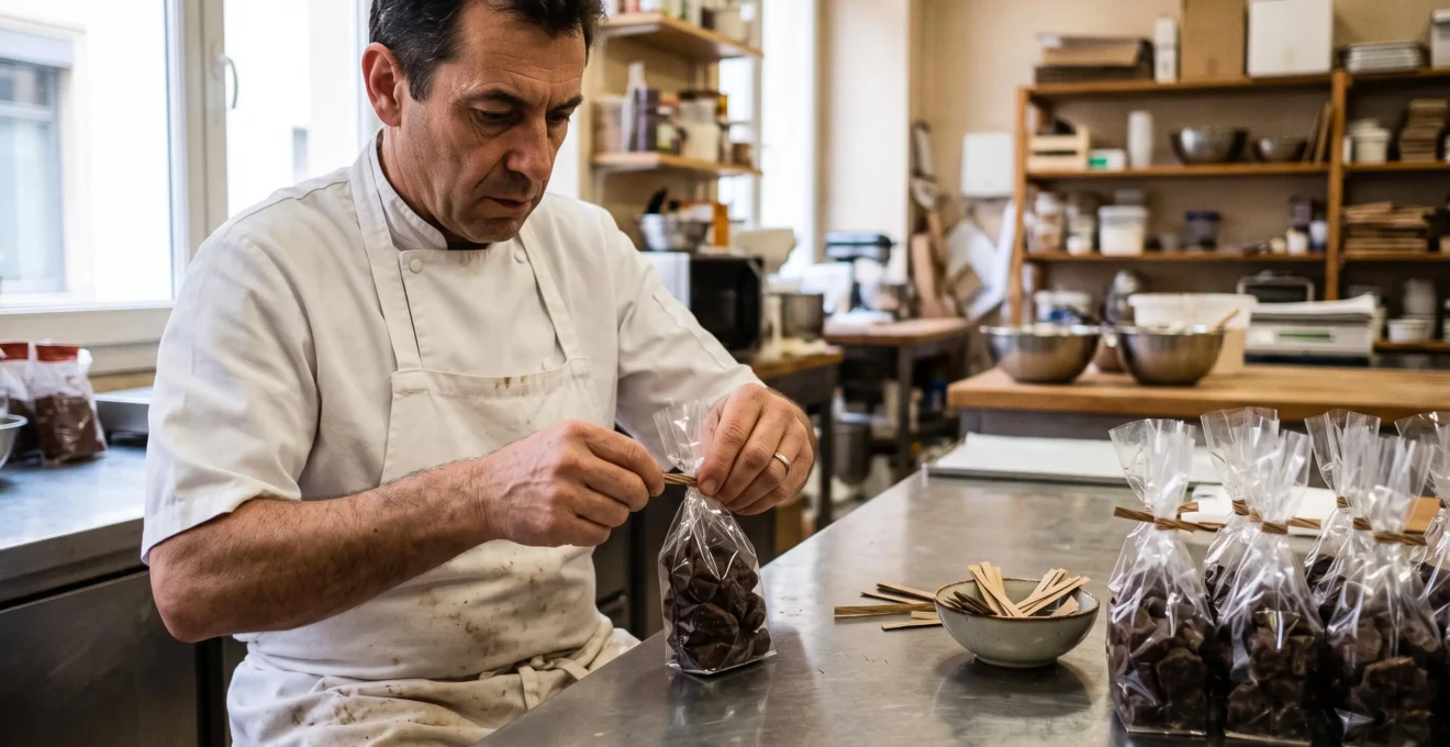 Un artisan pâtissier ferme un sachet transparent de chocolats avec une attache torsadée sur un plan de travail en inox.