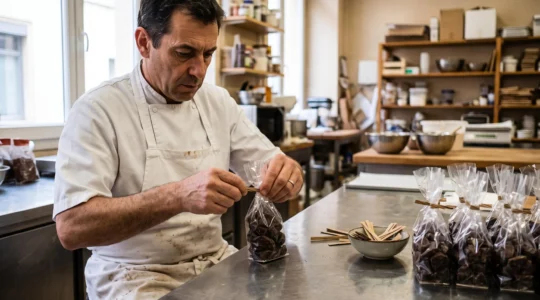 Un artisan pâtissier ferme un sachet transparent de chocolats avec une attache torsadée sur un plan de travail en inox.