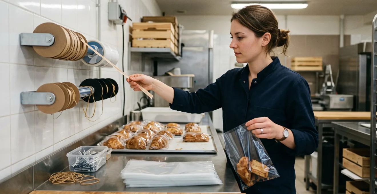 Un employé de boutique alimentaire prélève une attache torsadée sur un distributeur mural pour fermer un sachet à sa table de conditionnement.
