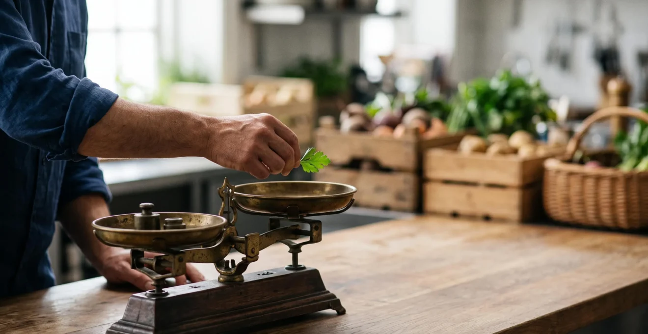 Chef pesant avec precision un ingredient frais sur une balance dans une cuisine professionnelle, symbole d'une gestion des stocks maitrisee