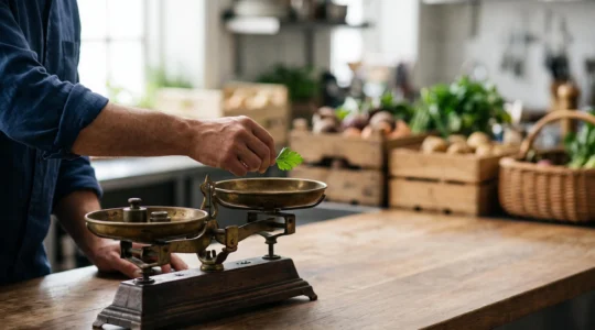 Chef pesant avec precision un ingredient frais sur une balance dans une cuisine professionnelle, symbole d'une gestion des stocks maitrisee