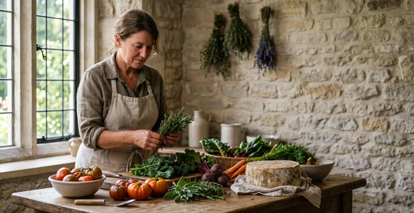 Chef inspectant des produits locaux frais posés sur une table en bois dans une cuisine artisanale baignée de lumière naturelle