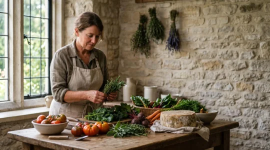 Chef inspectant des produits locaux frais posés sur une table en bois dans une cuisine artisanale baignée de lumière naturelle