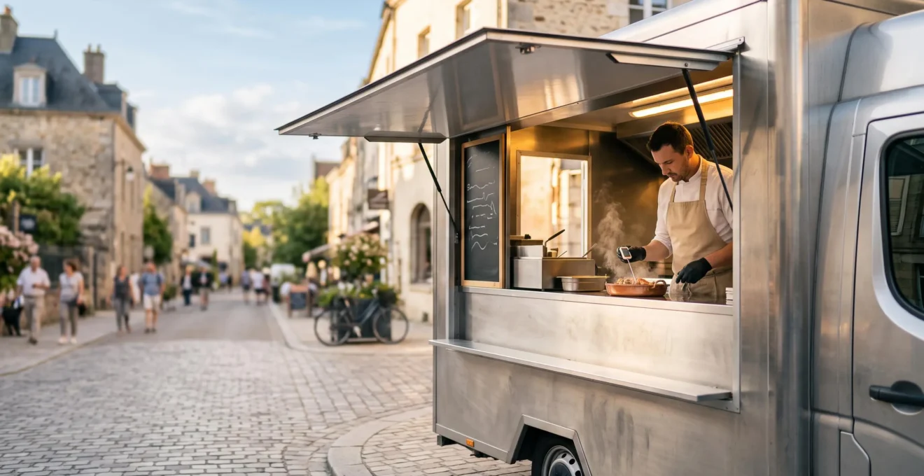 Cuisinier professionnel vérifiant la température d'un plat dans un food truck impeccablement organisé en pleine rue animée