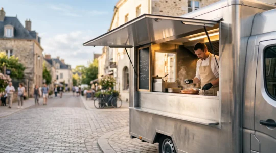 Cuisinier professionnel vérifiant la température d'un plat dans un food truck impeccablement organisé en pleine rue animée