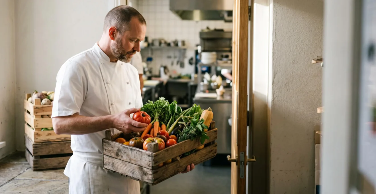 Chef professionnel inspectant avec attention une caisse de légumes frais dans une cuisine de restaurant, symbole de l'exigence qualité maîtrisée