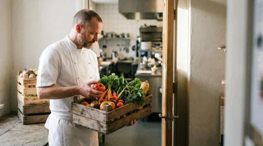 Chef professionnel inspectant avec attention une caisse de légumes frais dans une cuisine de restaurant, symbole de l'exigence qualité maîtrisée