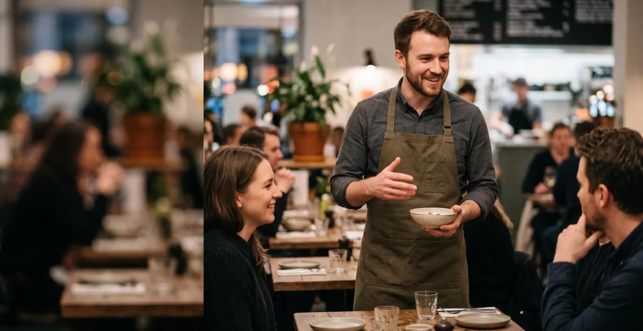 Serveur en salle de restaurant gastronomique présentant un plat avec assurance à une table de clients