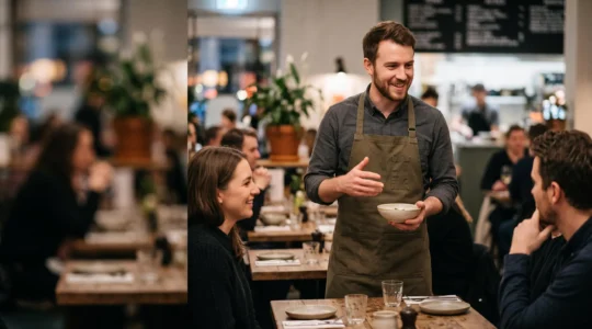 Serveur en salle de restaurant gastronomique présentant un plat avec assurance à une table de clients