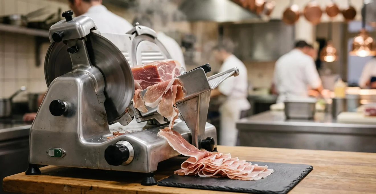 Trancheur professionnel en inox tranchant finement une pièce de charcuterie dans une cuisine de restaurant, avec des tranches régulières disposées en éventail sur une assiette