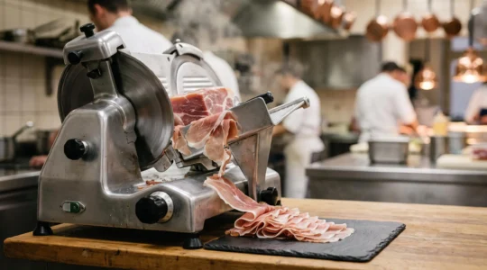 Trancheur professionnel en inox tranchant finement une pièce de charcuterie dans une cuisine de restaurant, avec des tranches régulières disposées en éventail sur une assiette