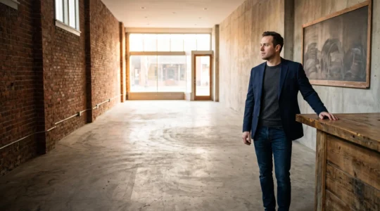 Un restaurateur seul observe en silence un espace de restaurant vide et baigné de lumière naturelle, symbolisant le moment de réflexion avant d'investir